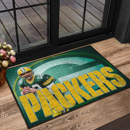 Green Bay American Football Packers Aaron Rodgers Ready To Throw Rugby Ball Door Mat Home Decor