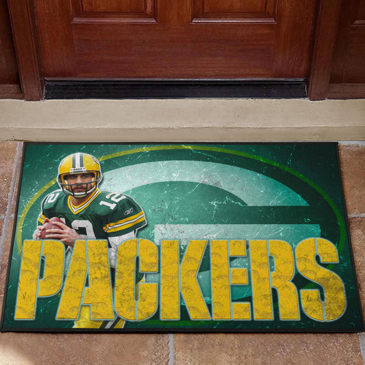 Green Bay American Football Packers Aaron Rodgers Ready To Throw Rugby Ball Door Mat Home Decor