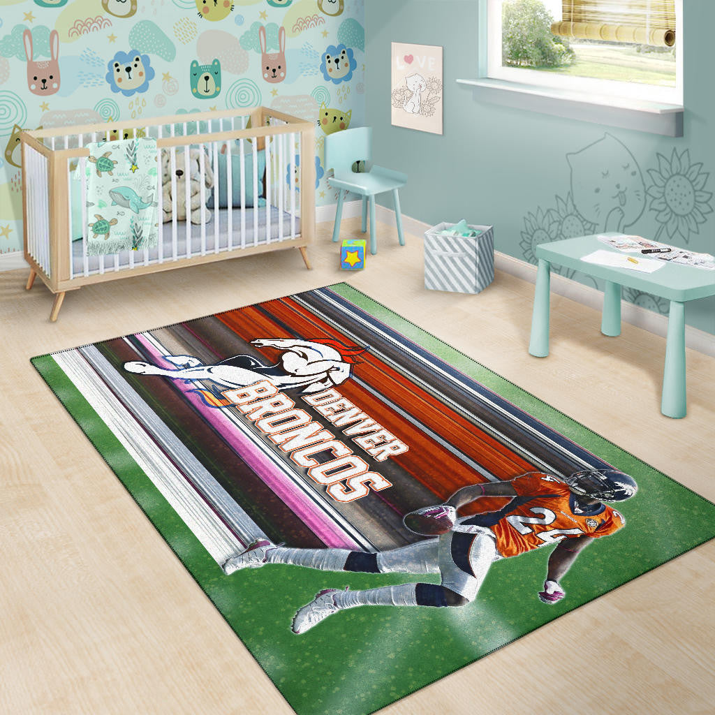 Denver American Football Broncos Bailey 24 Grab Rugby Ball Looking Back Area Rug Home Decor