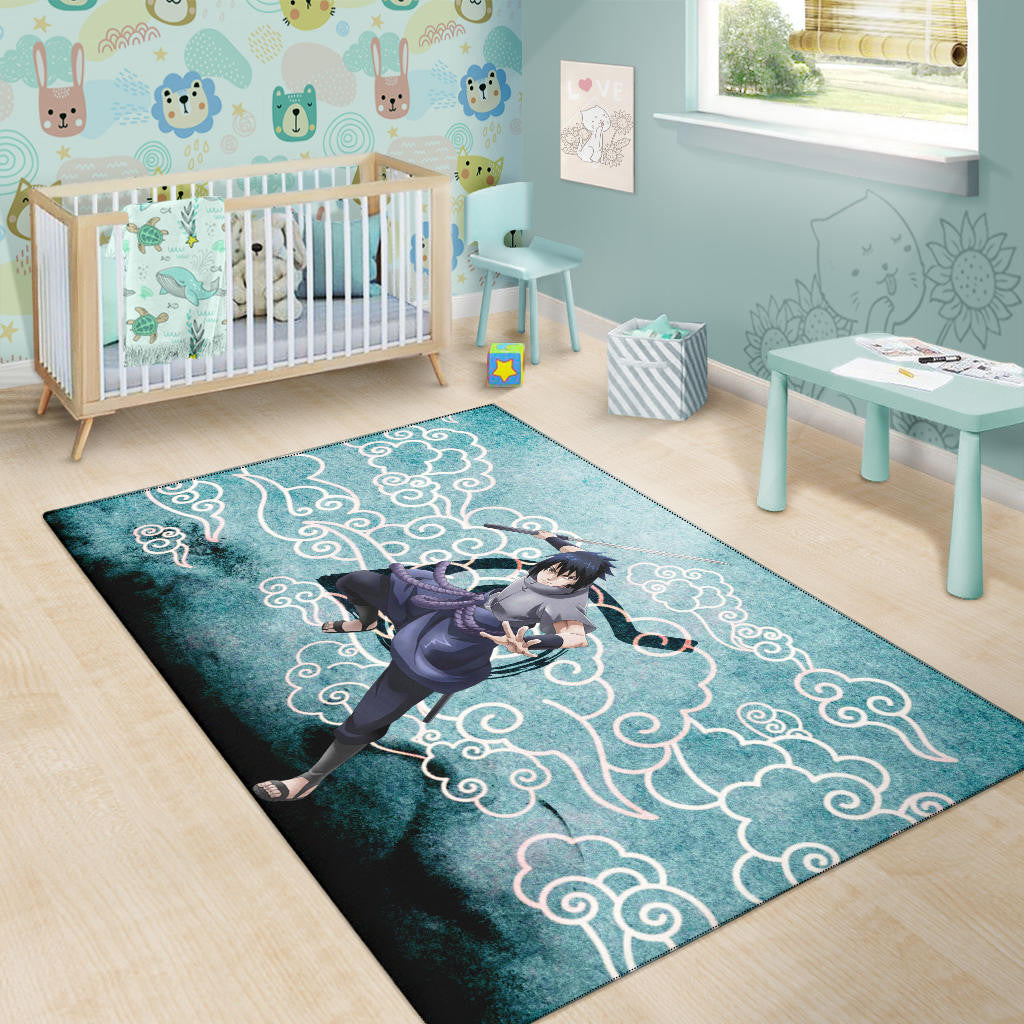 Naruto Anime Sasuke Uchiha Cloud Pattern Blue Theme Area Rug Home Decor