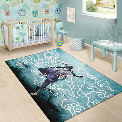 Naruto Anime Sasuke Uchiha Cloud Pattern Blue Theme Area Rug Home Decor