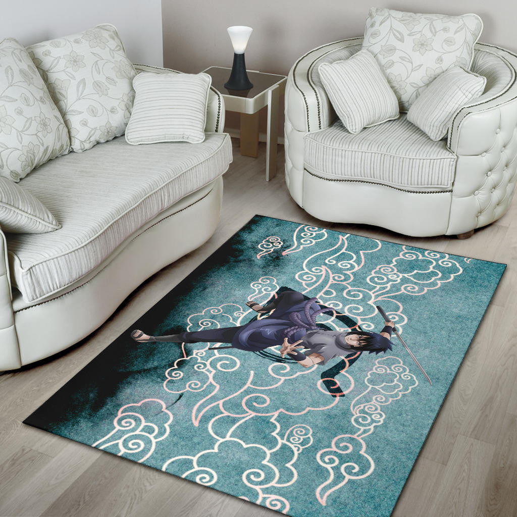 Naruto Anime Sasuke Uchiha Cloud Pattern Blue Theme Area Rug Home Decor