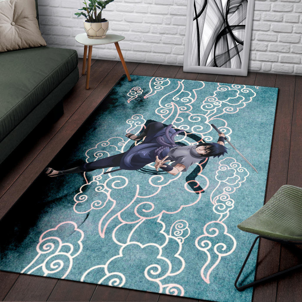 Naruto Anime Sasuke Uchiha Cloud Pattern Blue Theme Area Rug Home Decor