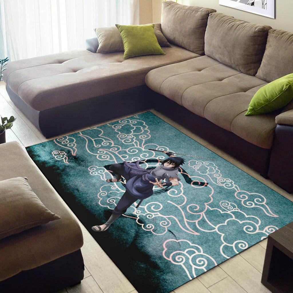 Naruto Anime Sasuke Uchiha Cloud Pattern Blue Theme Area Rug Home Decor