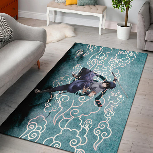Naruto Anime Sasuke Uchiha Cloud Pattern Blue Theme Area Rug Home Decor