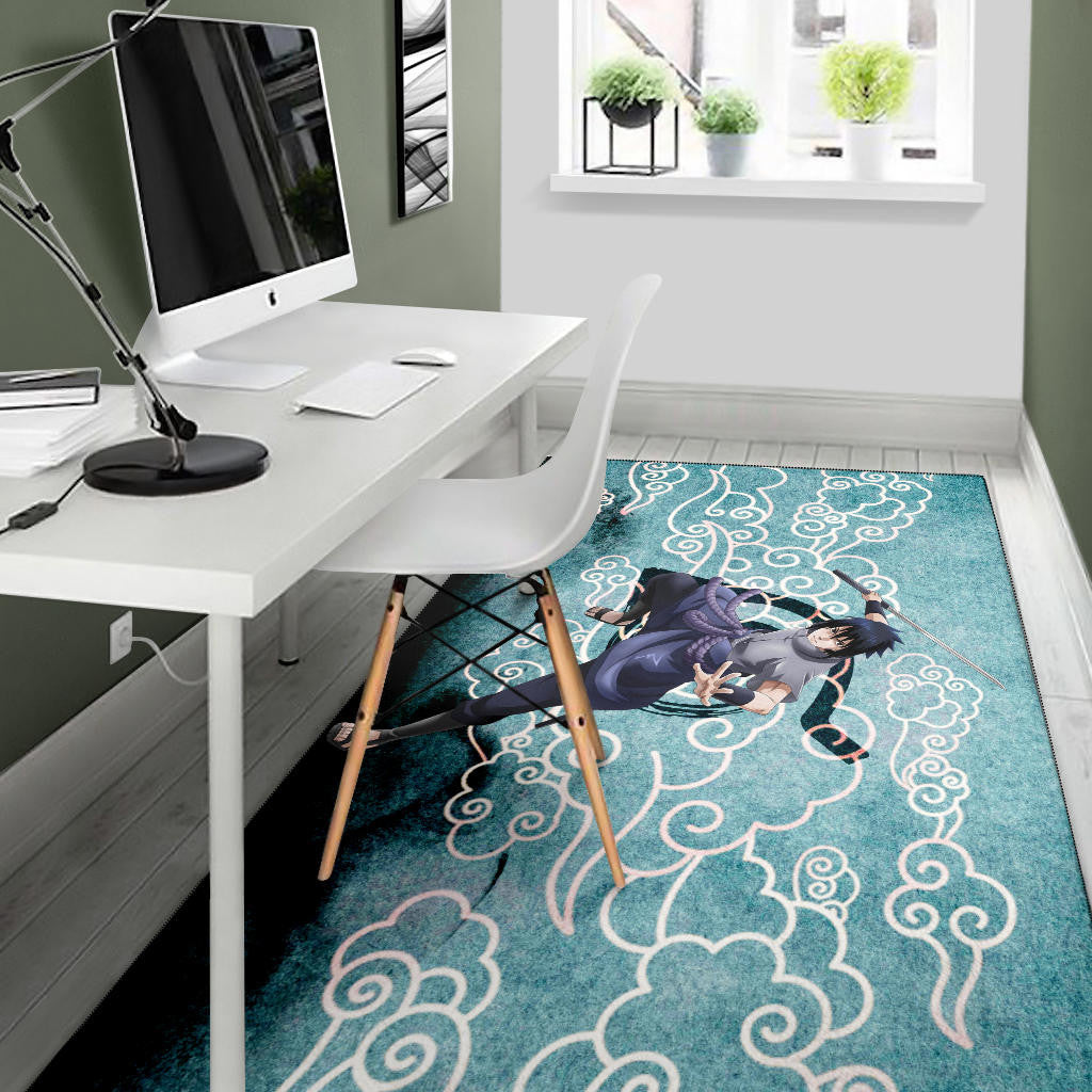 Naruto Anime Sasuke Uchiha Cloud Pattern Blue Theme Area Rug Home Decor