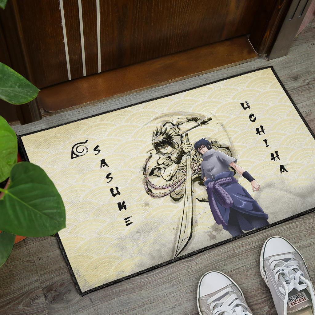 Naruto Anime Sasuke Uchiha Using Sword Black Painting Artwork Door Mat Home Decor